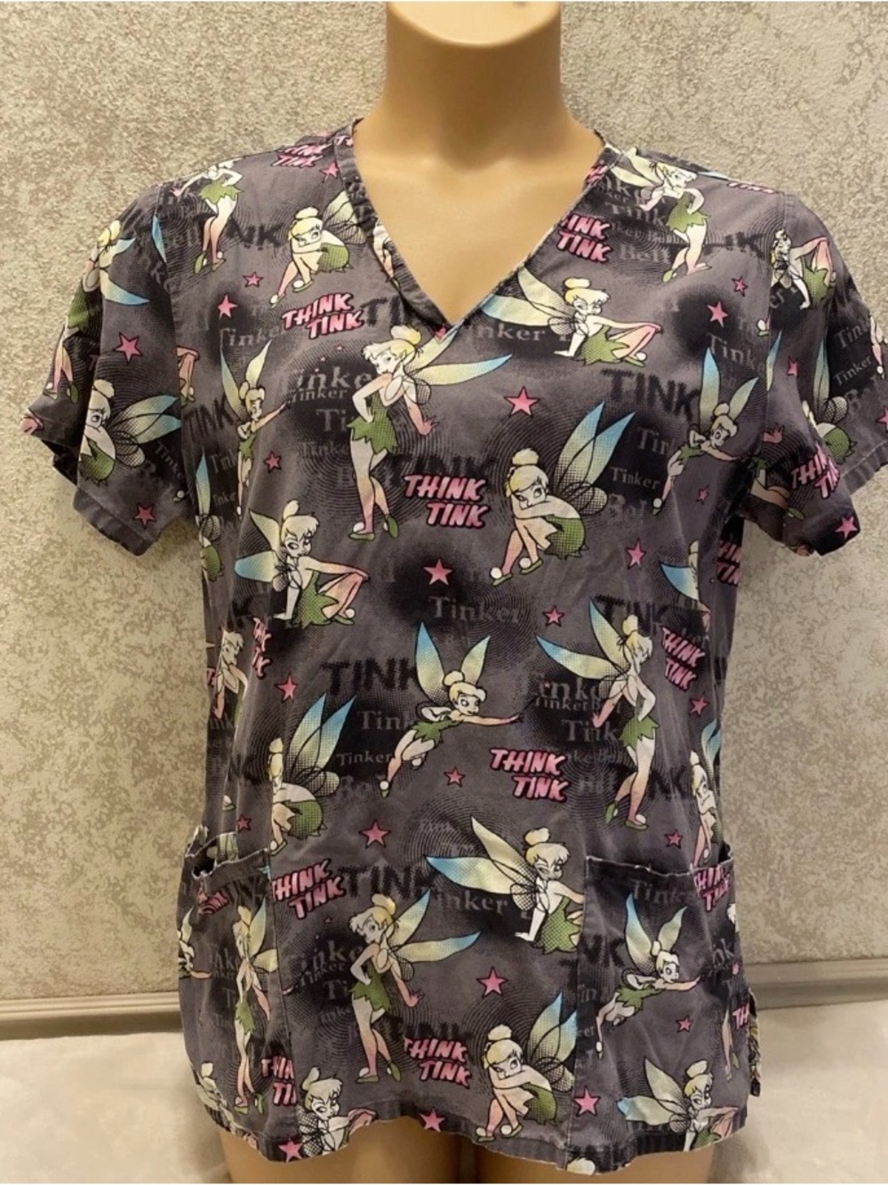 Disney Tinker Bell V-Neck Scrub Top - Gray with Pink, Green, Blue Accents